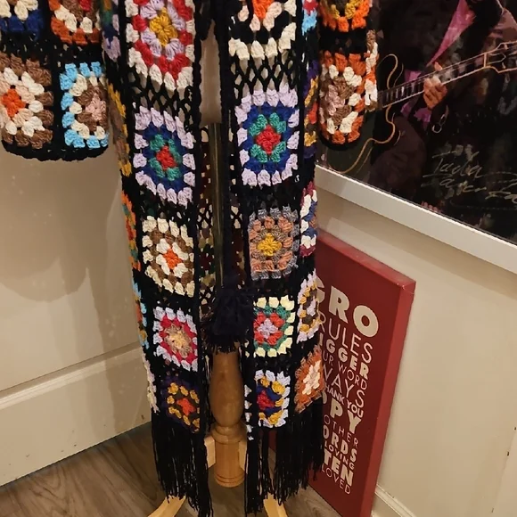 Colorful Crochet Open-Front Long Maxi Hand Crafted Cardigan - Picture 3 of 10